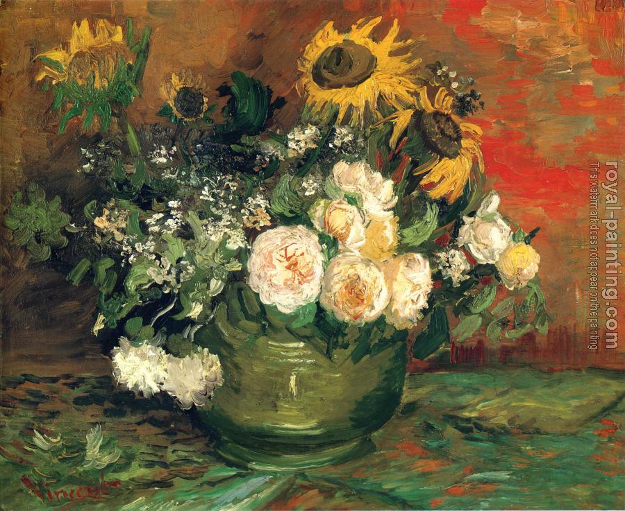 Vincent Van Gogh : Bowl with Sun Flowers,Roses and Other Flowers